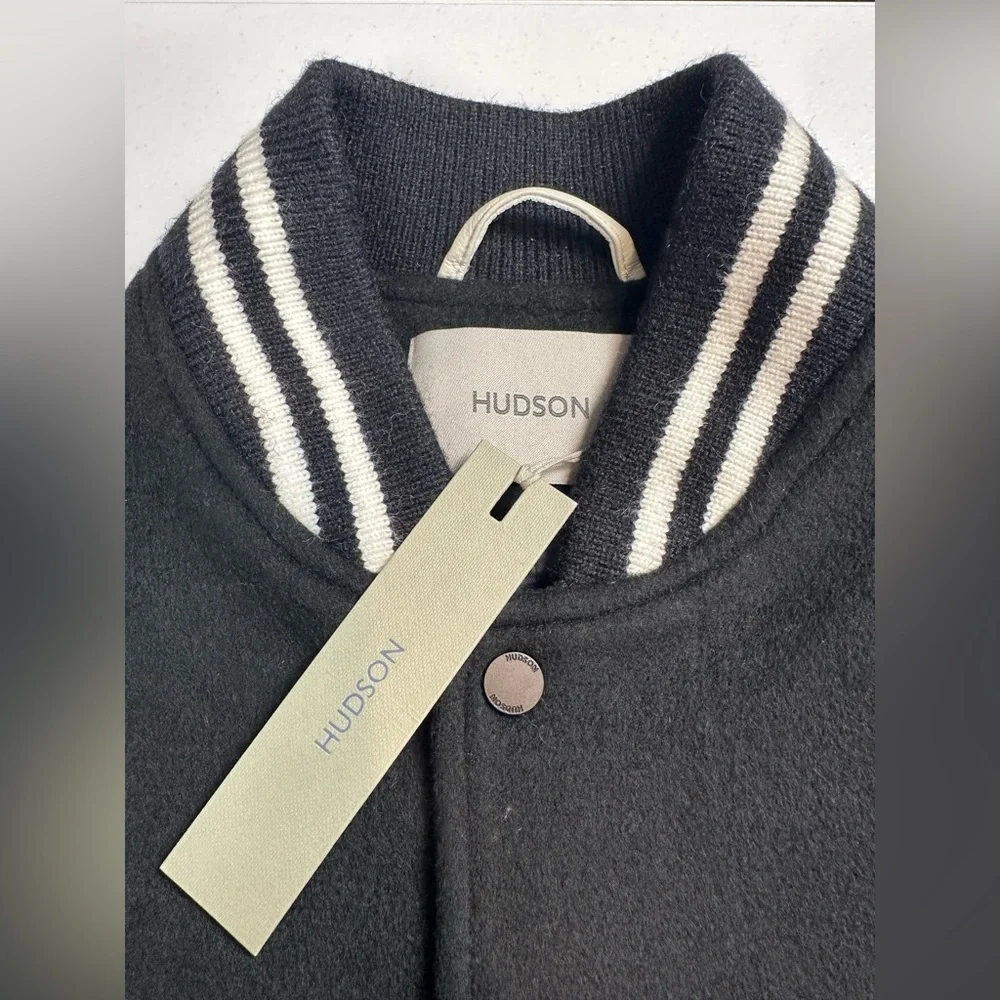 NWT HUDSON Mens Wool Varsity Bomber Jacket Size L Black‎ Ivory Faux Leather $248
